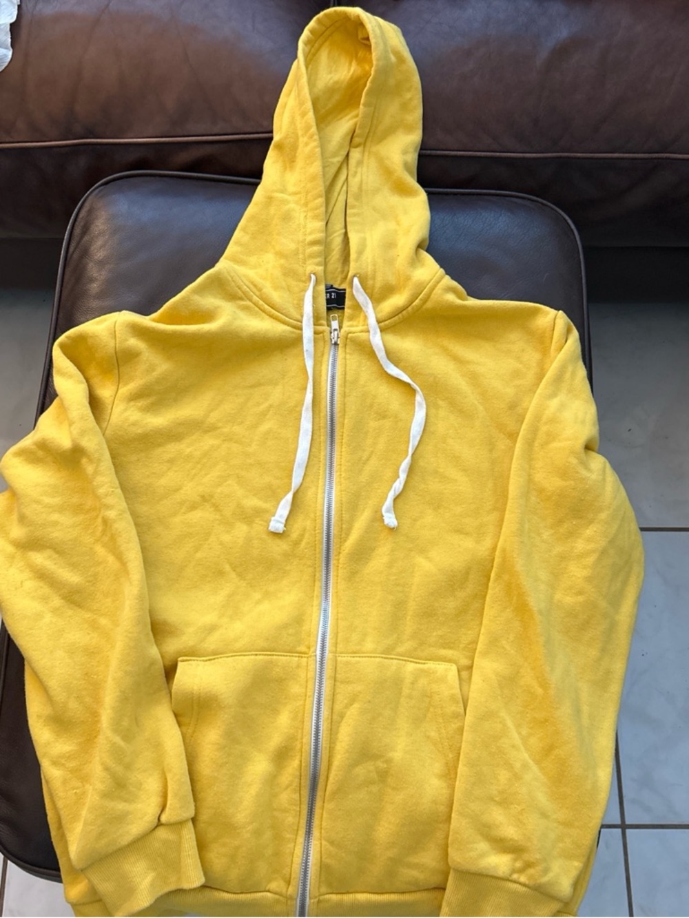 Forever 21 Men’s Yellow Zip-Up Hoodie with White Drawstrings